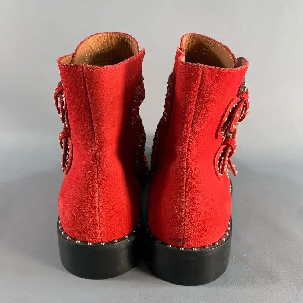 GIVENCHY Size 9 Red Studded Leather Belted Boots